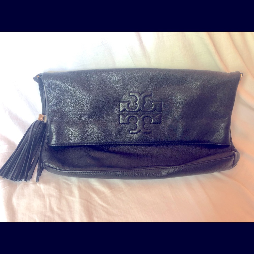 Tory Burch Black Leather Fold-Over Tassel Clutch